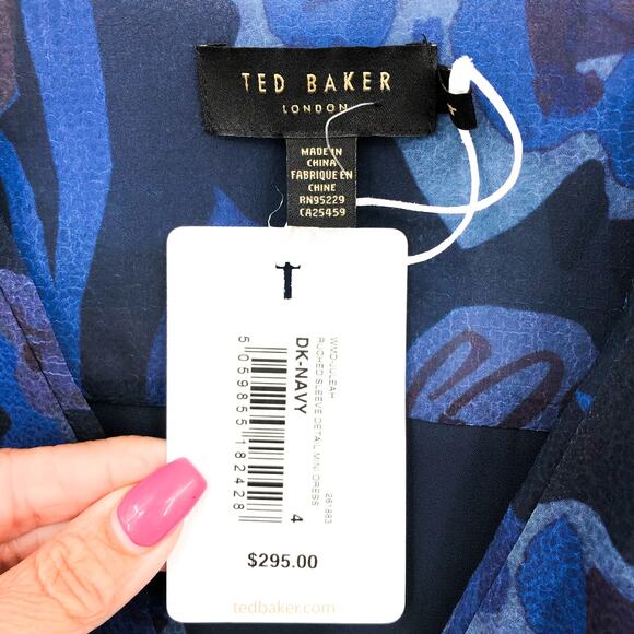 TED BAKER Juleah Mini Dress 4 Dark Navy Floral V-Neck Ruched Sleeve Detail NWT - Picture 9 of 12